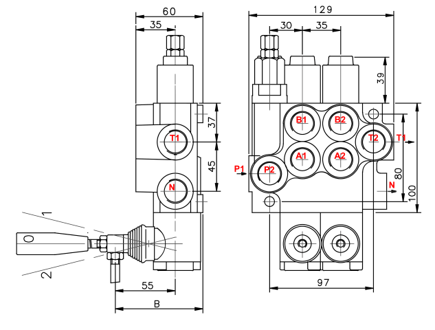 dimenzije hidravličnega ročnega ventila z dvema ročicama