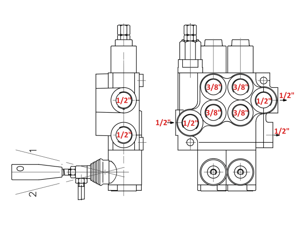 Velikost priključkov na hidravličnem monoblok ventilu (razvodniku) z dvema odsekoma